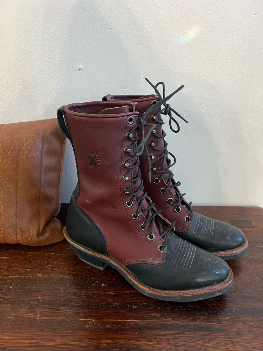 Men's Two-Tone Lace-Up Leather Boots — Burgundy and Black Chippewa
